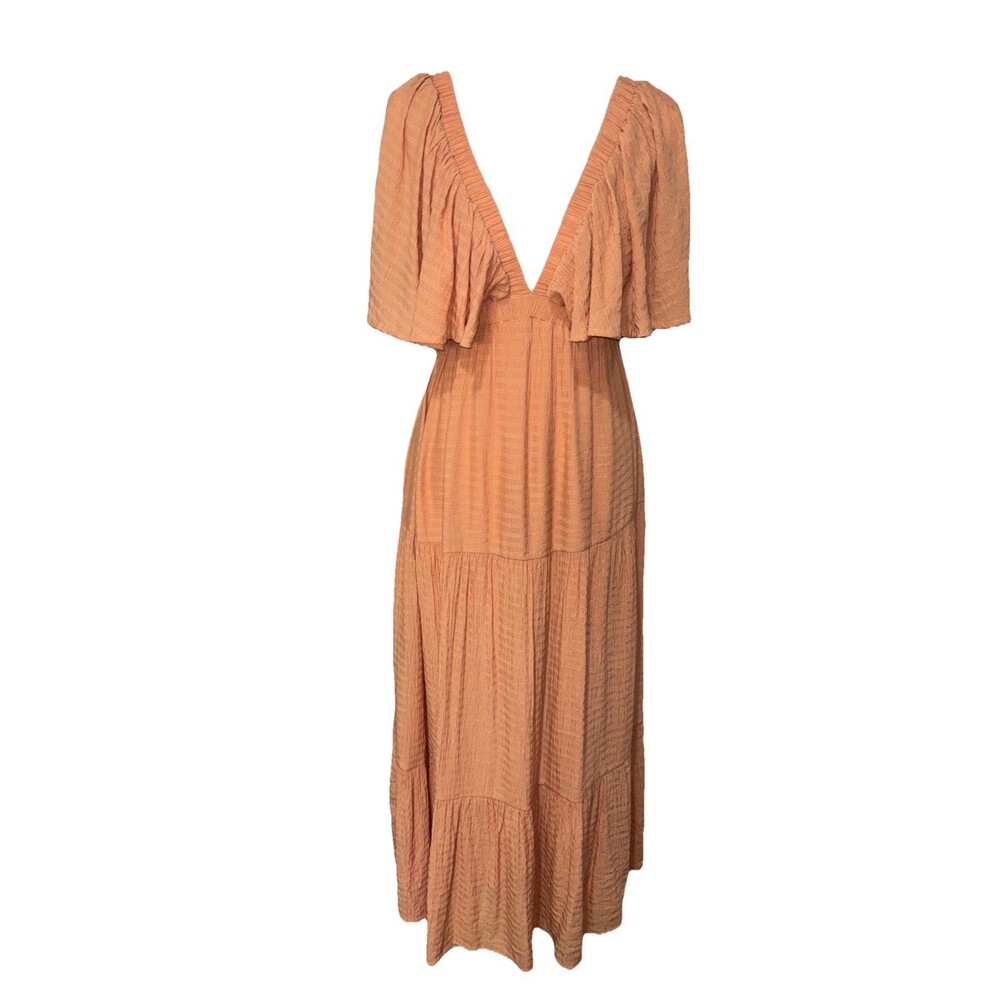 Vestique  V-Neck Open Back Peach Ruffled Maxi Lined Dress Size M